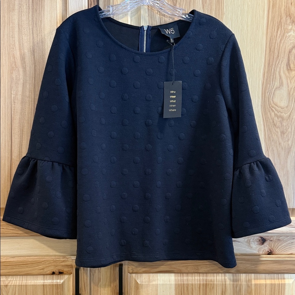 Who What Wear Navy Textured Swiss Dot Bell Sleeve Chic Feminine Top NWT Size L